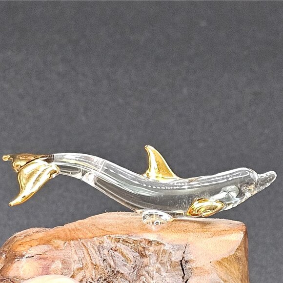 Raw Natural Wood Clear Glass Dolphin Figurine GoldTone Tip Finish 1.5" VTG Décor - Picture 5 of 16